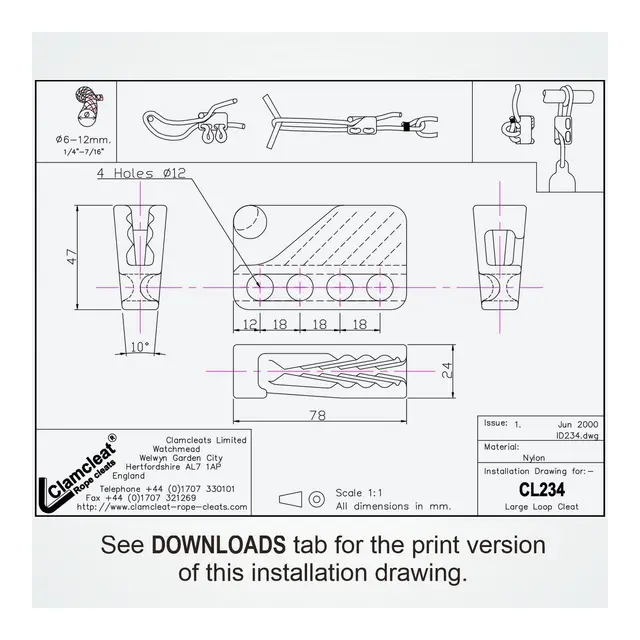 CLAMCLEAT Skjøtelås CL234, Loop sort nylon, 6 - 11mm tau 