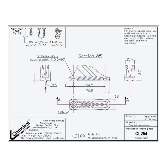 CLAMCLEAT Skjøtelås CL254, Midi Racing åpen - aluminium, 4 - 8mm tau 