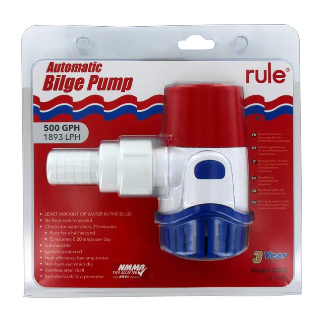 RULE Automatisk Lensepumpe 500 GPH 12V - Impellerautomatikk 