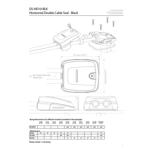 SCANSTRUT DS-HD10-BLK Kabelgjennomføring Sort, Kompositt, 6 - 10mm kabel 