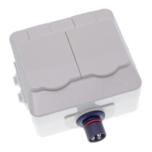 DEFA Dobbel kontakt, Plug-in 230V - IP44 - utenpåliggende m/lokk 