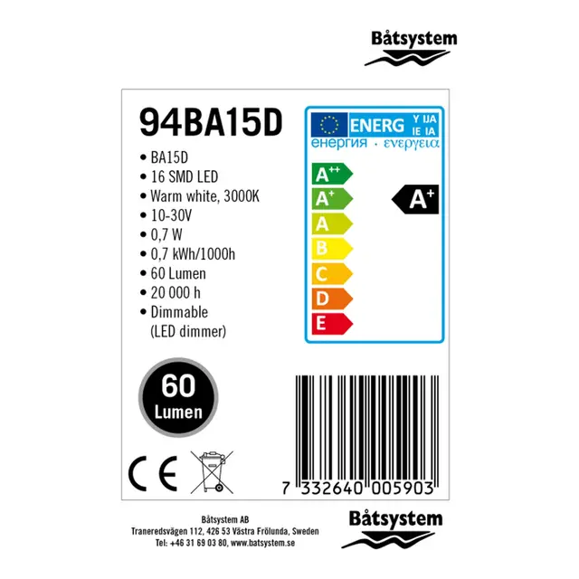 BÅTSYSTEM  Lyspære LED BA15D - 0,7W 8-30V - 2pol - dimbar 