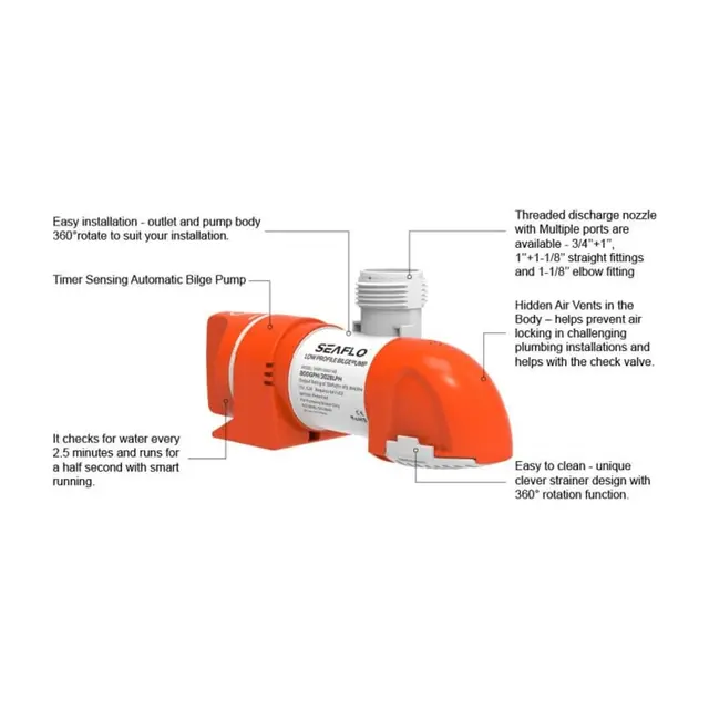 SEAFLO lensepumpe lavprofil 12V Automatisk - 3000 l/t 