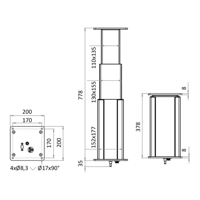 OSCULATI Dudge 77 - El. bordsøyle - 24V 3 trinn - Aluminium - 378 -> 778 mm 
