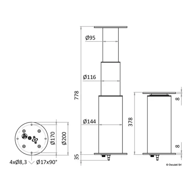 OSCULATI Elektrisk bordsøyle 12V 3 trinn - Aluminium - 378 til 778 mm 