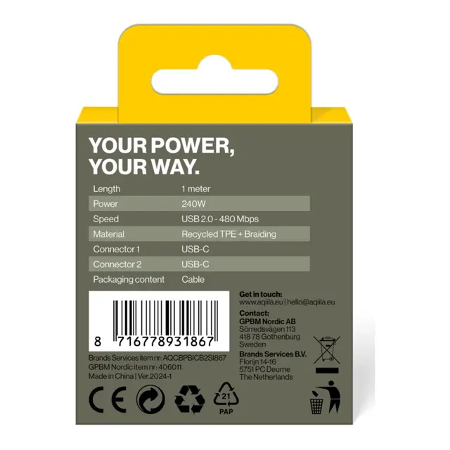 AQIILA Flettet usb-c/usb-c 2.0 1m - 240w Hurtig ladekabel 