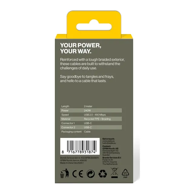 AQIILA Flettet usb-c/usb-c 2.0 2m - 240w Hurtig kabel 