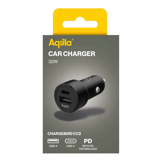AQIILA Chargebird CC2 USB-C og USB-A 12V sokkel strøm uttak plugg 
