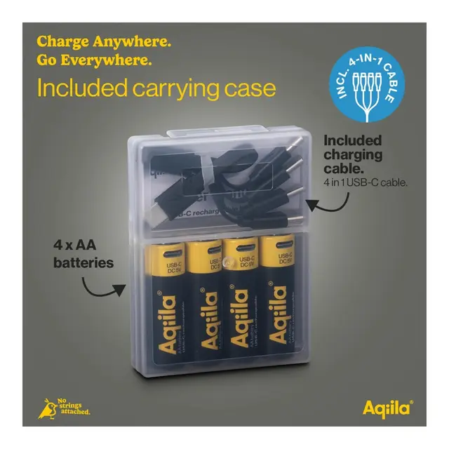 AQIILA Oppladbare AA Batteri, 4-pack Usb-c, Lithium, 1.5V/2000mAh 