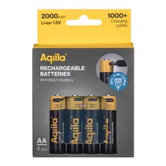 AQIILA Oppladbare AA Batteri, 4-pack Usb-c, Lithium, 1.5V/2000mAh