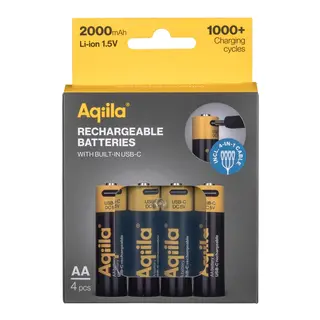 AQIILA Oppladbare AA Batteri, 4-pack Usb-c, Lithium, 1.5V/2000mAh