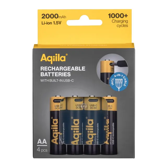 AQIILA Oppladbare AA Batteri, 4-pack Usb-c, Lithium, 1.5V/2000mAh 