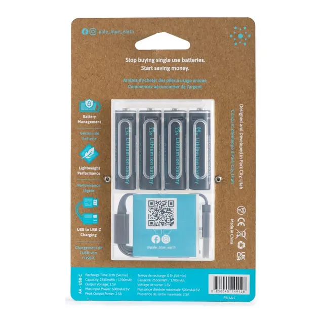 Pale Blue Li-Ion Oppladbare AA Batteri 4-pack AA - 4x1 lades med USB-C 