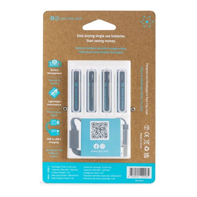 Pale Blue Li-Ion Oppladbare AAA Batteri 4-pack AAA - 4x1 lades med USB-C 