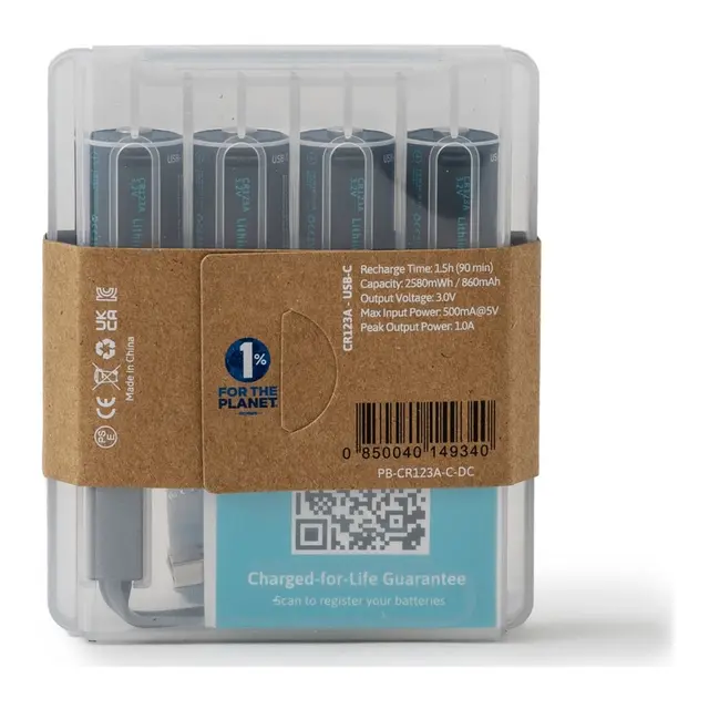 Pale Blue Li-Ion Oppladbare CR123 4-pack batteri - 4x1 lades med USB-C 