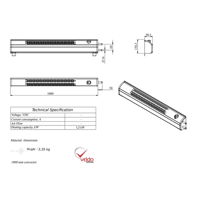 AUTOTERM Radiator uten vifte 1.2 KW 1000 mm 
