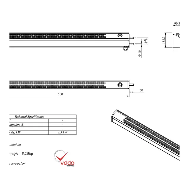 AUTOTERM Radiator 1.3 KW Konvektor uten vifte - 1500 mm 