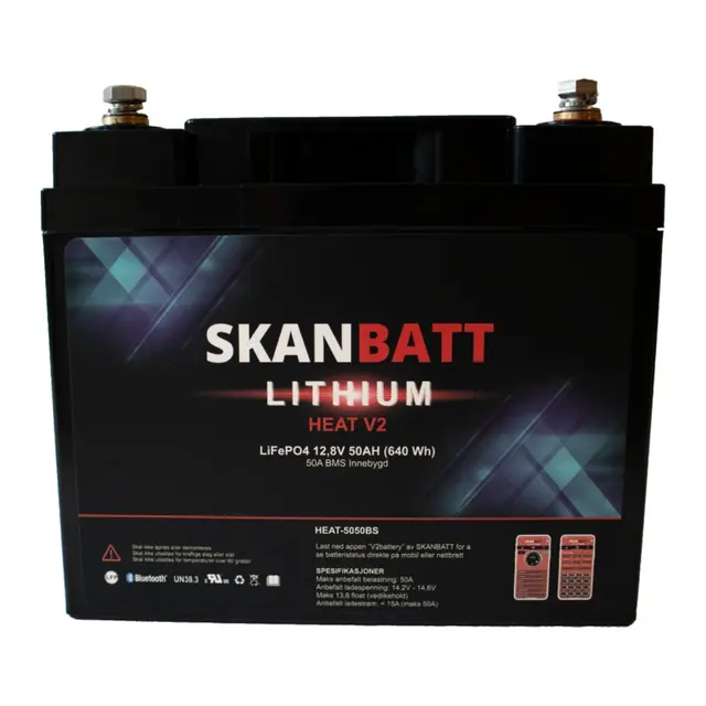 SKANBATT V2 Lithium Heat Batteri 12V 50Ah, 50A BMS (198x166x169mm) 