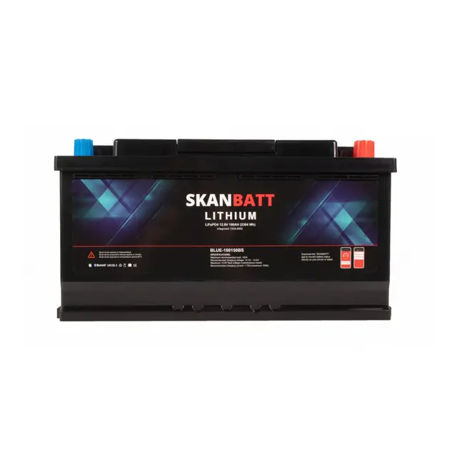 SKANBATT Lithium Batteri 12V 180Ah 150a BMS Bluetooth 355x176x190mm 