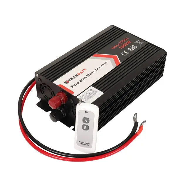 SKANBATT Inverter 12V 1000W (2000W) Ren Sinus - m/ trådløs Fjernkontroll 
