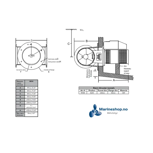 SLEIPNER Hekkthrustersats Ø250mm for SE210 