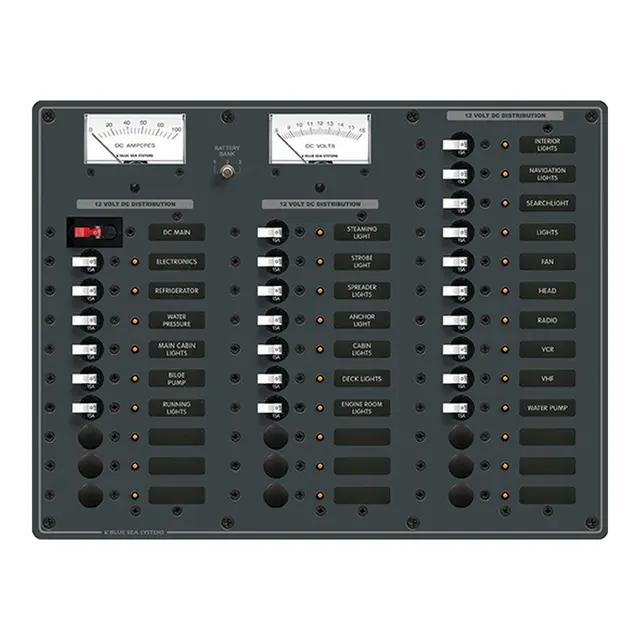 BLUE SEA Sikr.panel, 32+1 pos + V/A hovedbryter, 23x15A a-sikr. Volt+Amp. 