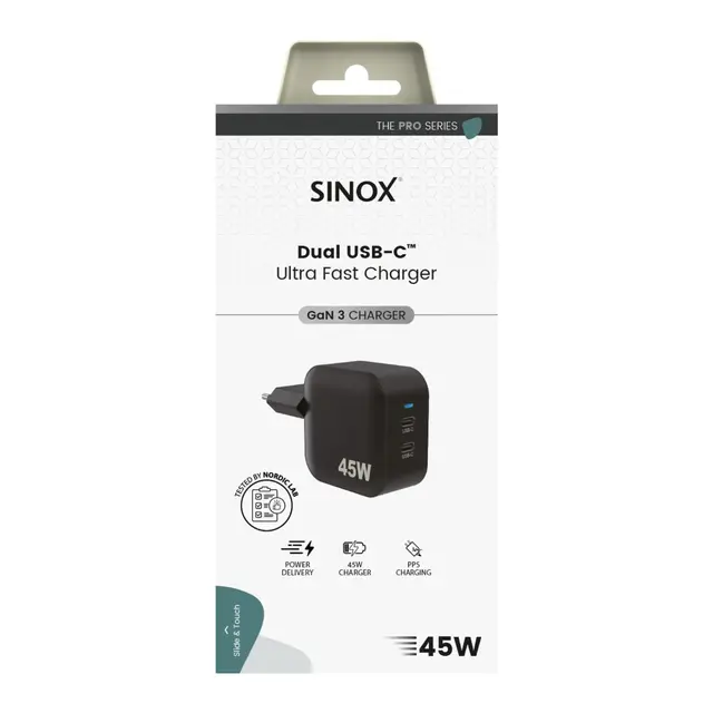 SINOX 45W 2xUSB-C PD lader svart 