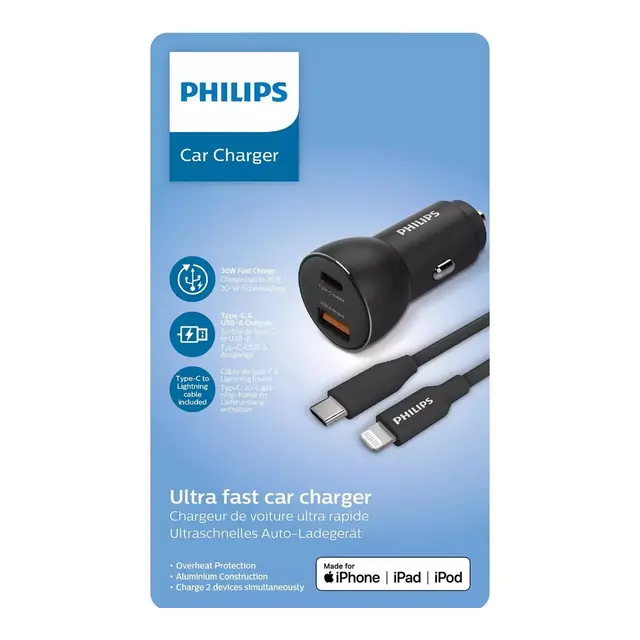 PHILIPS Lighterkabel adapter 36W 1x USB-C og 1x USB-A 