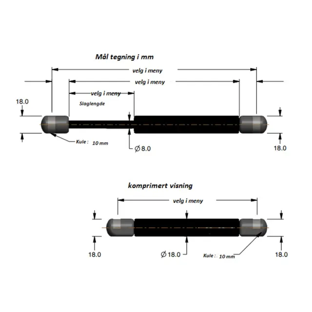 ATTWOOD Gassdemper 12” - 305 mm 9 kg skyvekraft - inkl. endeledd 