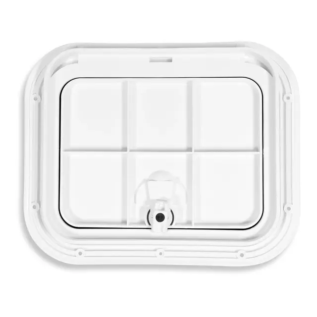 BOMAR Plastluke, Hvit 318 x 394 mm # 8812w - hengslet - synlig flens 