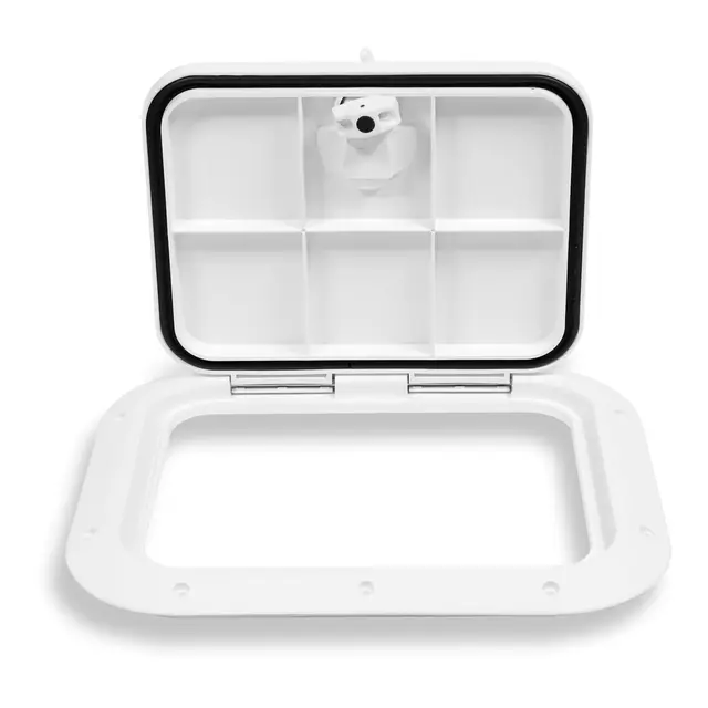 BOMAR Plastluke, Hvit 318 x 394 mm # 8812w - hengslet - synlig flens 