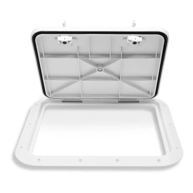 BOMAR Plastluke, Hvit 460 x 513 mm # 81618W - hengslet - synlig flens 