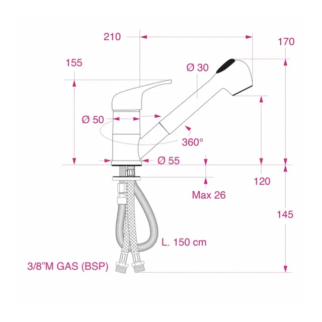 BARKA MD7551 Blandebatteri uttrekkbart munnstykke - 1,5m slange 