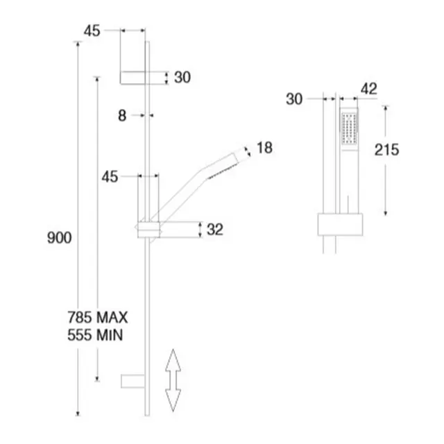 BARKA Dusj m/stang - SQ1901-00 firkantet - 1,5m slange 