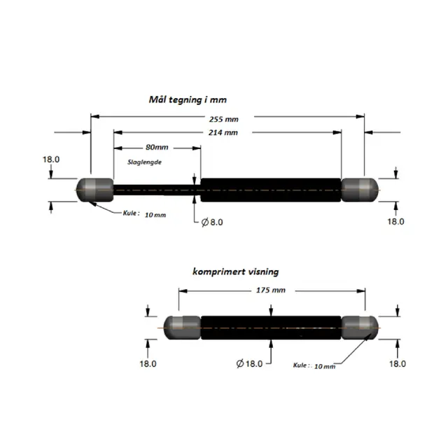ATTWOOD Gassdemper 10" - 250 mm 18 kg skyvekraft - inkl. endeledd 