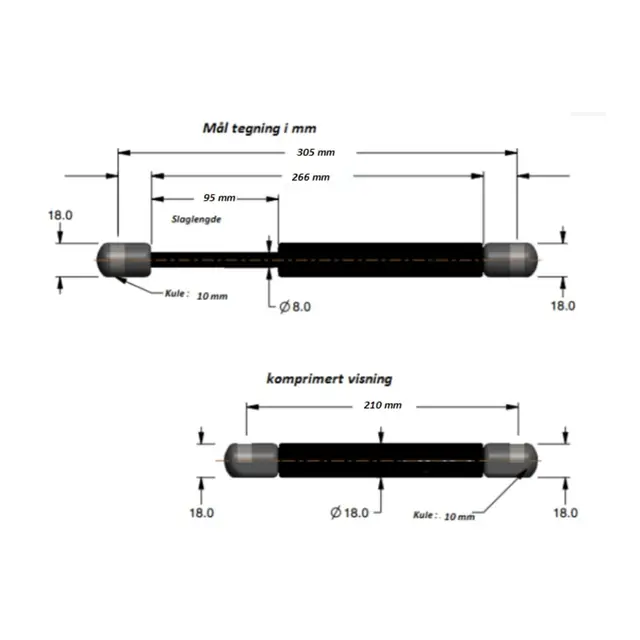 ATTWOOD Gassdemper 12” - 305 mm 18 kg skyvekraft - inkl. endeledd 
