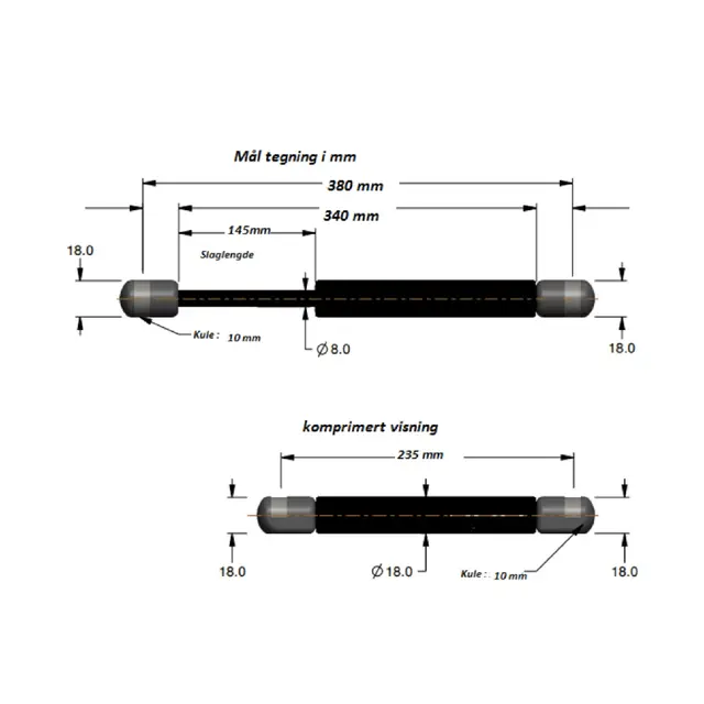 ATTWOOD Gassdemper 15” - 380 mm 9 kg skyvekraft - inkl. endeledd 