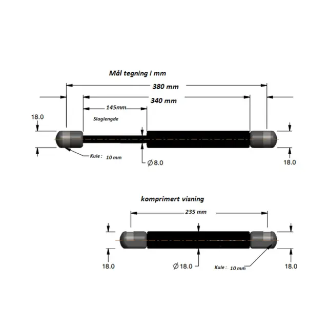 ATTWOOD Gassdemper 15” - 380 mm 18 kg skyvekraft - inkl. endeledd 