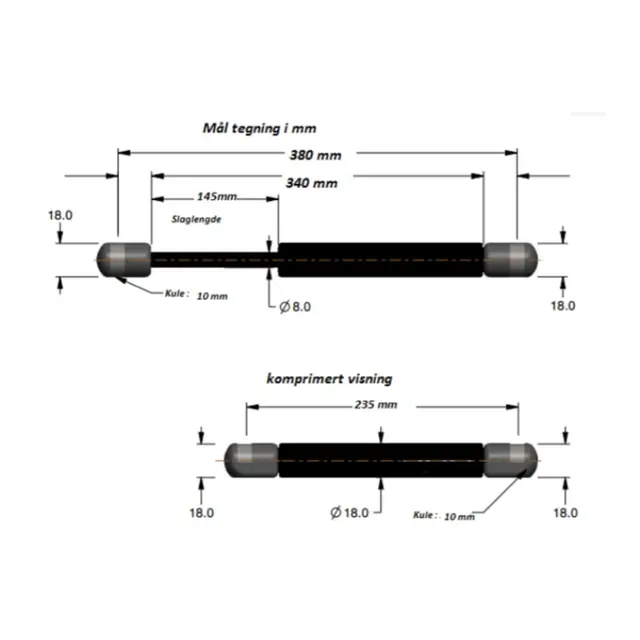ATTWOOD Gassdemper 15" - 380 mm 27 kg skyvekraft - inkl. endeledd 