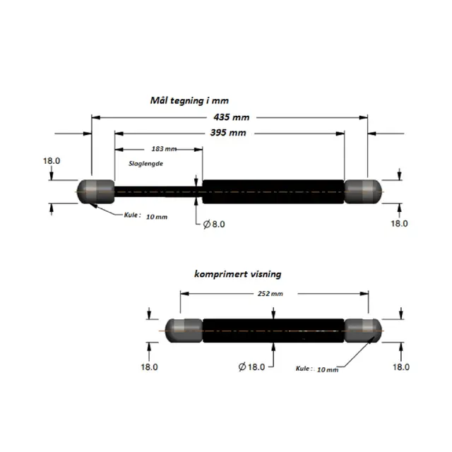 ATTWOOD Gassdemper 17,2” - 435 mm 18 kg skyvekraft - inkl. endeledd 