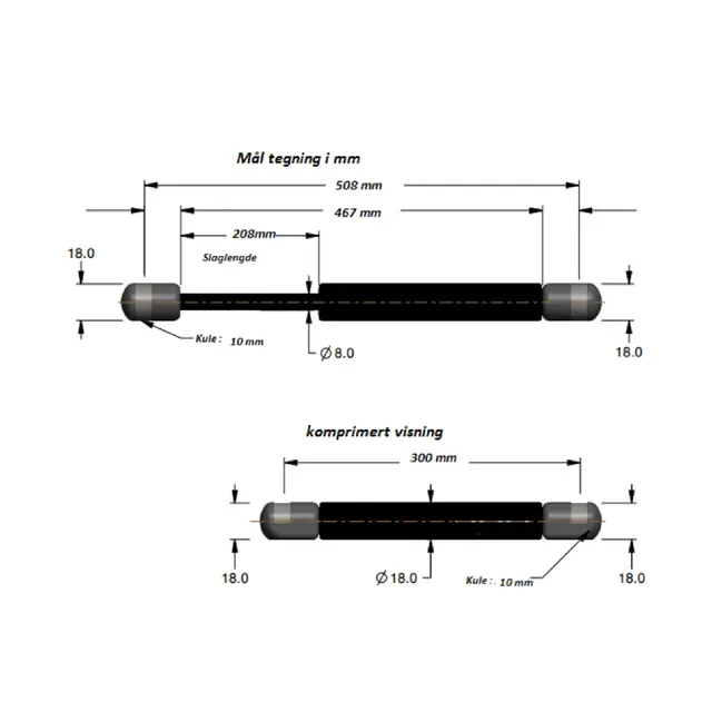 ATTWOOD Gassdemper 20" - 510 mm 9 kg skyvekraft - inkl. endeledd 