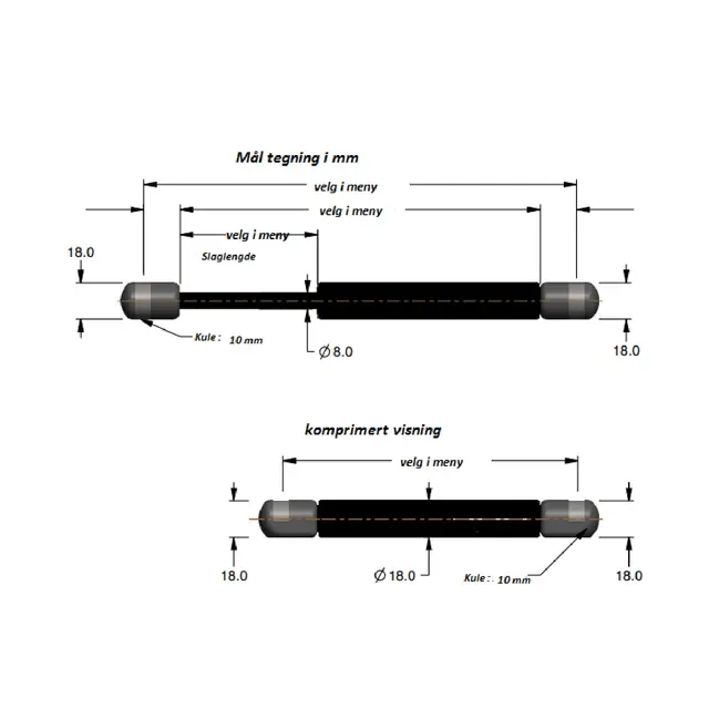 ATTWOOD Gassdemper 20" - 510 mm 37 kg skyvekraft - inkl. endeledd 