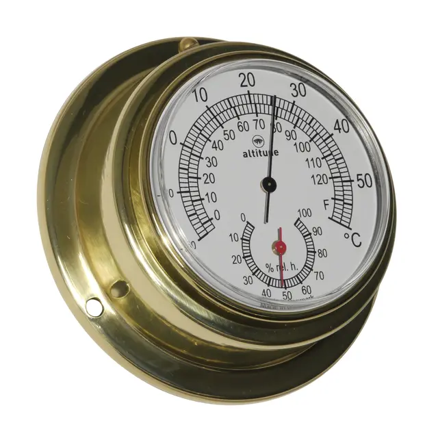 Hygrometer + Termometer - Ø97mm blankpolert messing 
