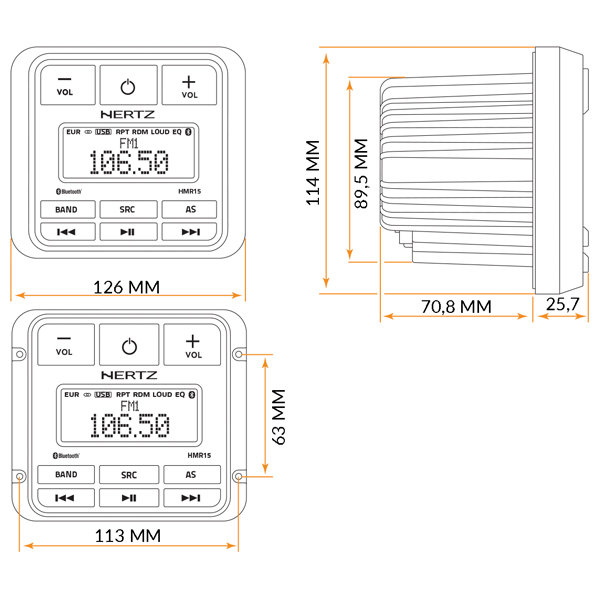 Båtstereo HERTZ HMR15D Marine Stereo DAB mBT 100 vanntett front Ip66 4 x 50W