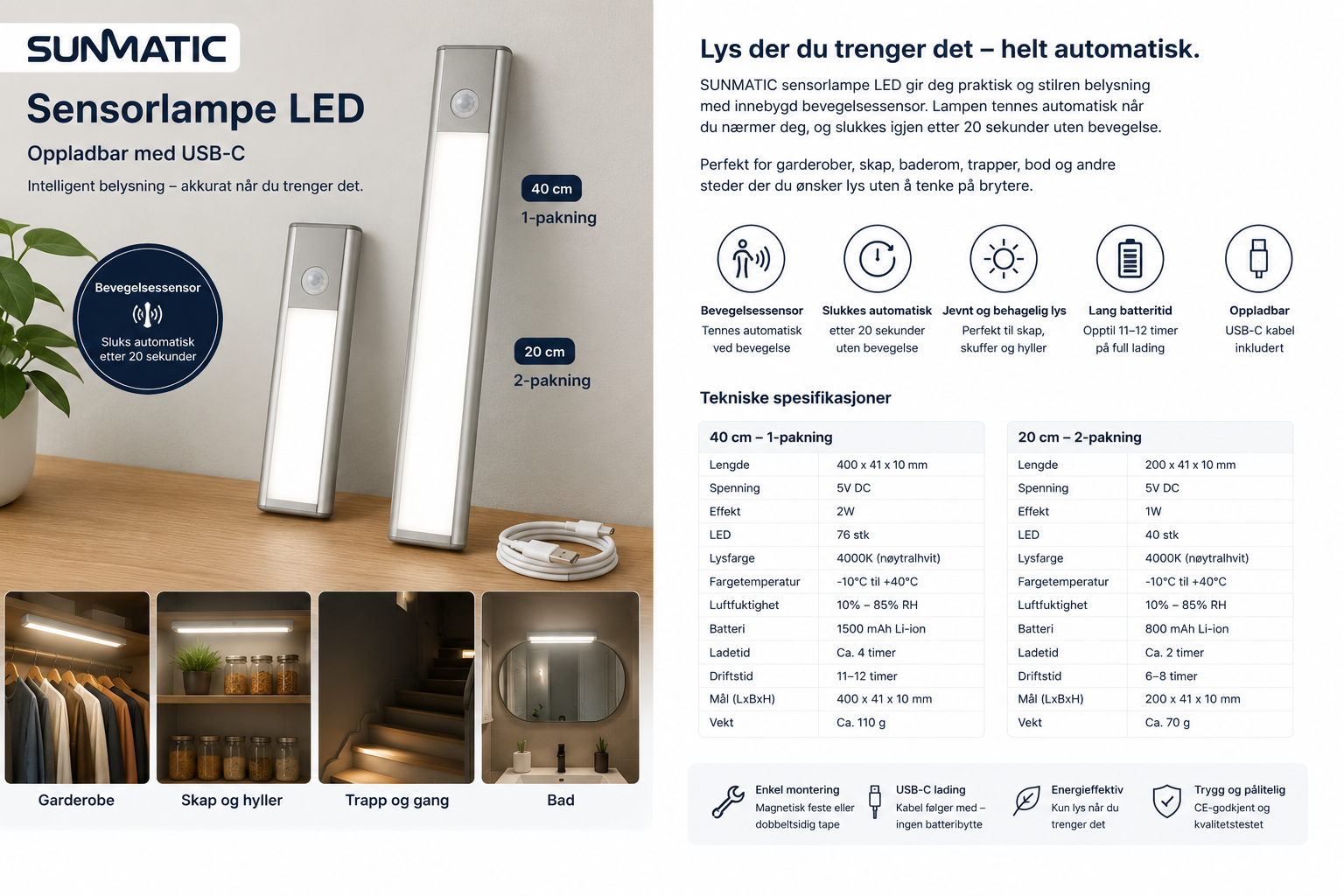 LED lampe Sunmatic Sensorlampe 20cm 2pk Oppladbar USB C 650530