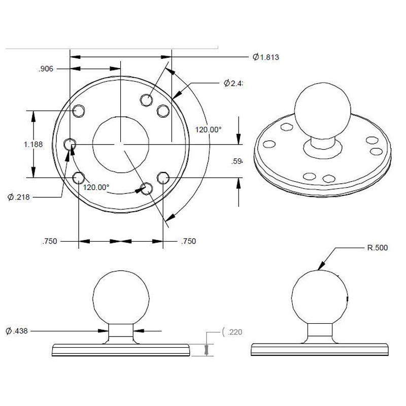 RAM brakett Brakettdel Base Rund Ø635 mm Chrom Bkule RAMB202CHU