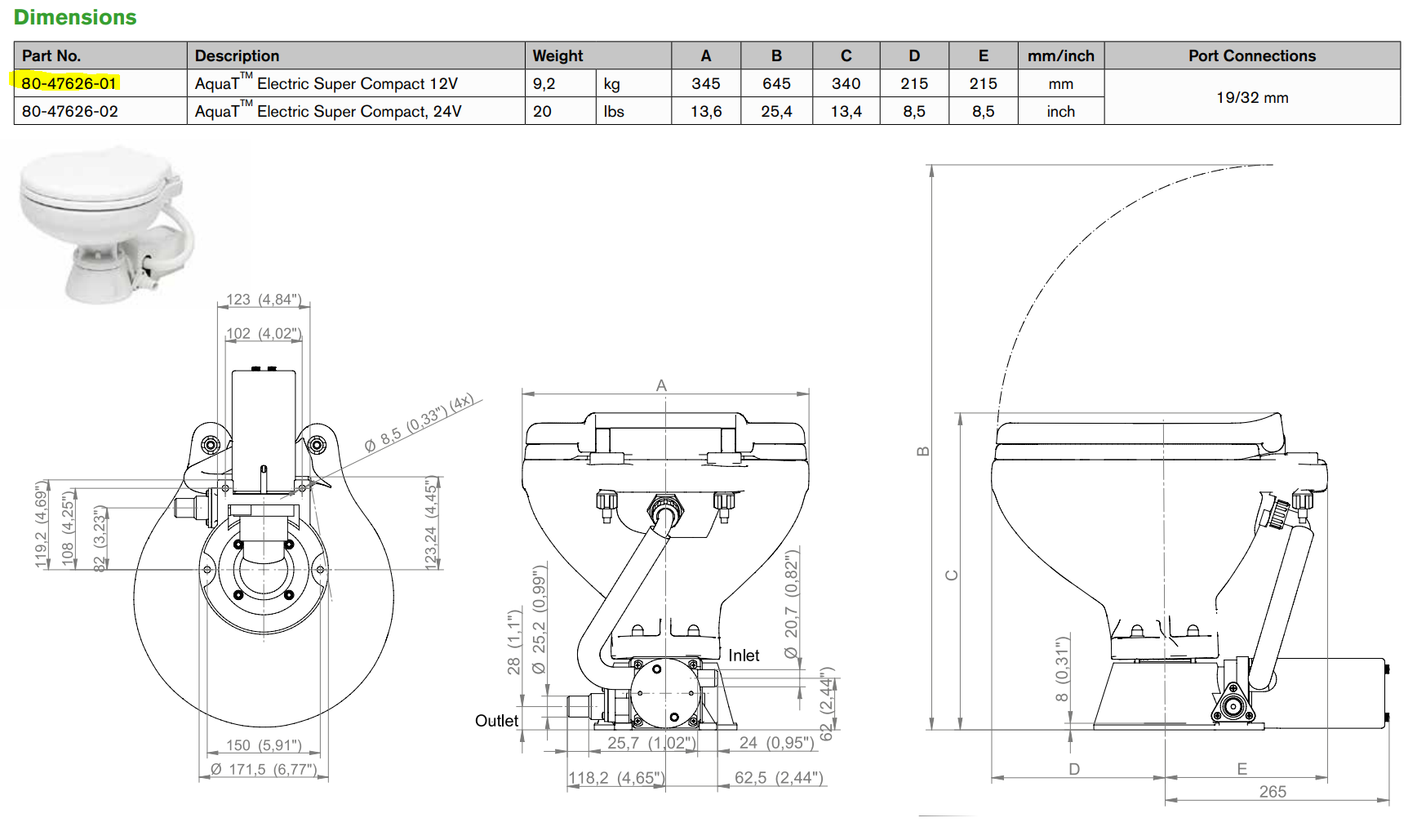Elektriske toaletter JOHNSON PUMP Toalett Super Compact Elektrisk12V 399